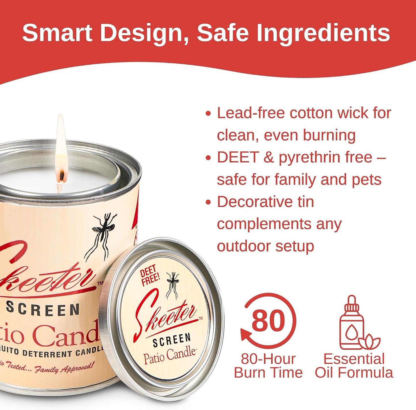 Skeeter Screen 15Oz Patio Candle – All Natural Insect Repellent | 80 Hour Burn Time - Clean-Burning Essential Oil Formula – Lead-Free Wick – Fresh Outdoor Scent for Patios, Decks, Balconies