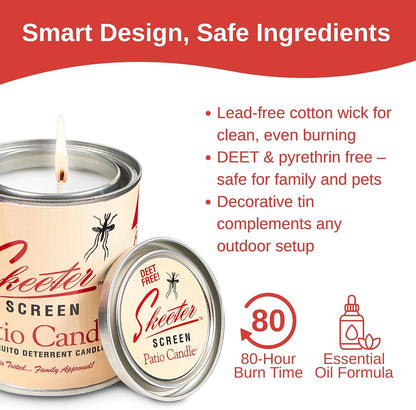 Skeeter Screen 15Oz Patio Candle – All Natural Insect Repellent | 80 Hour Burn Time - Clean-Burning Essential Oil Formula – Lead-Free Wick – Fresh Outdoor Scent for Patios, Decks, Balconies
