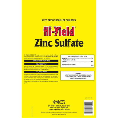 Hi-Yield (21624) Zinc Sulfate, 4 Lbs | Zinc Sulfate 36% Granular - Corrects Zinc Deficiency in Pecan Trees, Vegetables & Ornamentals - Serious Gardeners