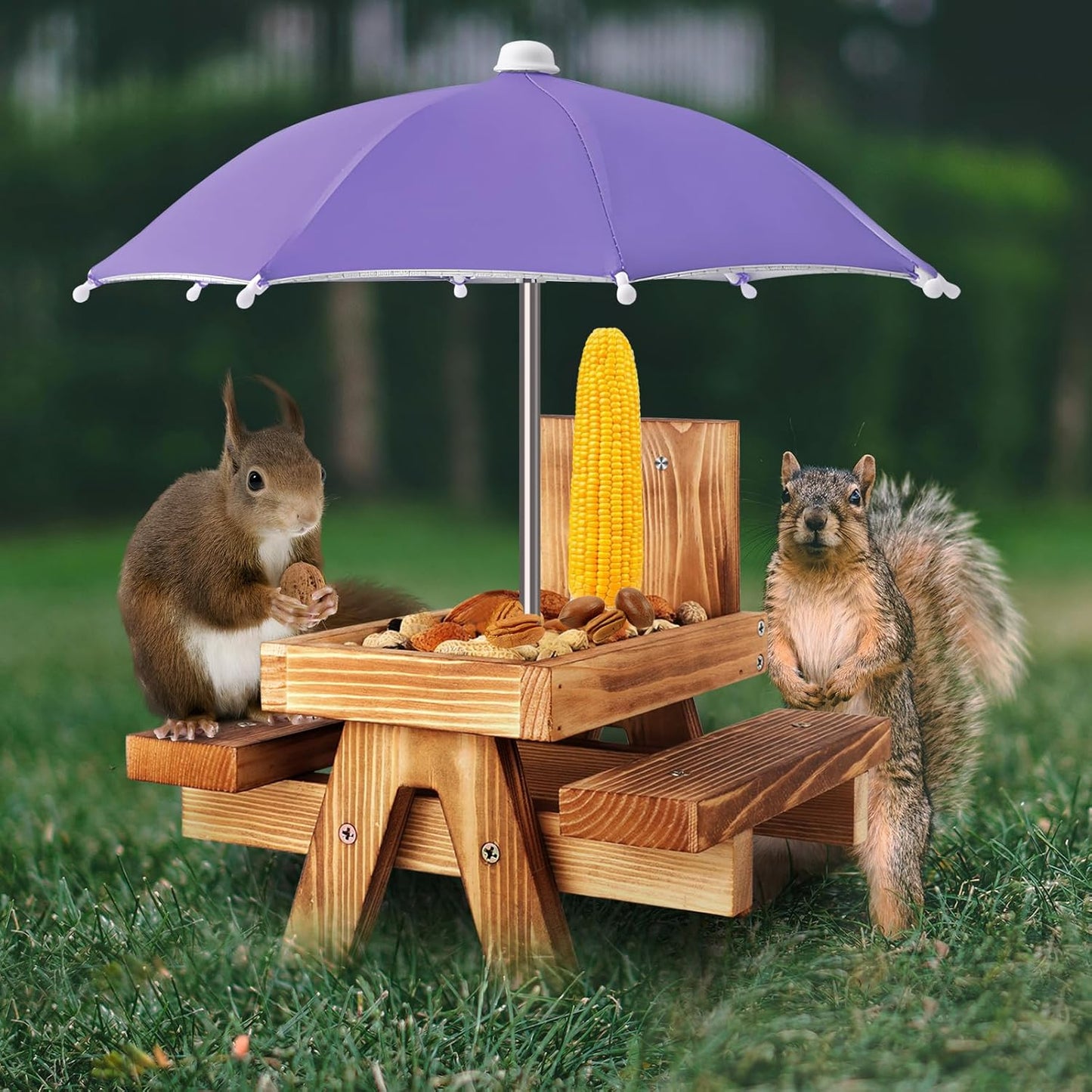 Gnodary Squirrel Feeder with Umbrella, Squirrel Feeders for Outside, Squirrel Picnic Table Feeder - Chipmunk Feeder Hold Corn, Corn Cob, Peanuts (Bright-Red)