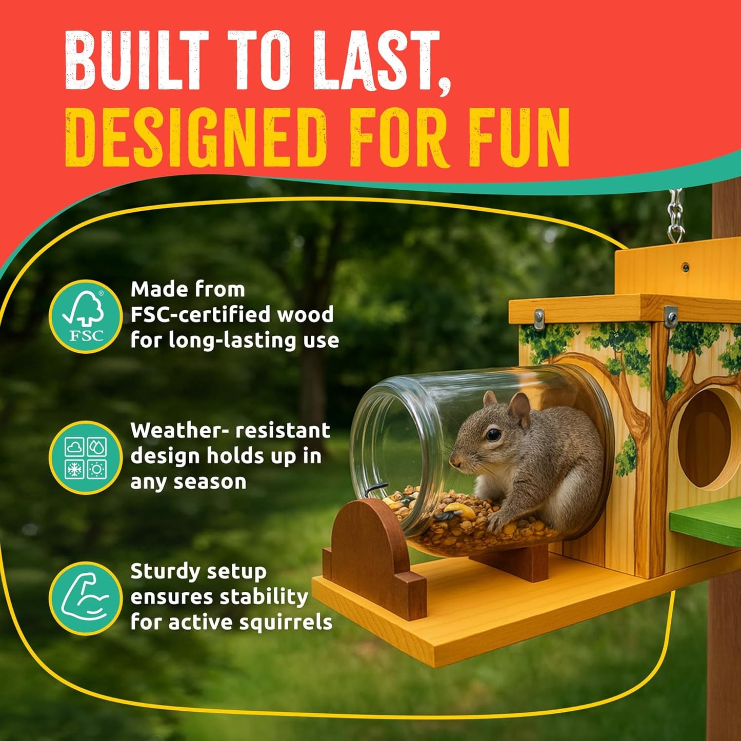 Squirrel Feeder Kit - Sustainable FSC Wood, Easy Mounting and Assembly, Kid-Safe Mason Jar, Perfect for Outdoor Squirrel Watching & Feeding