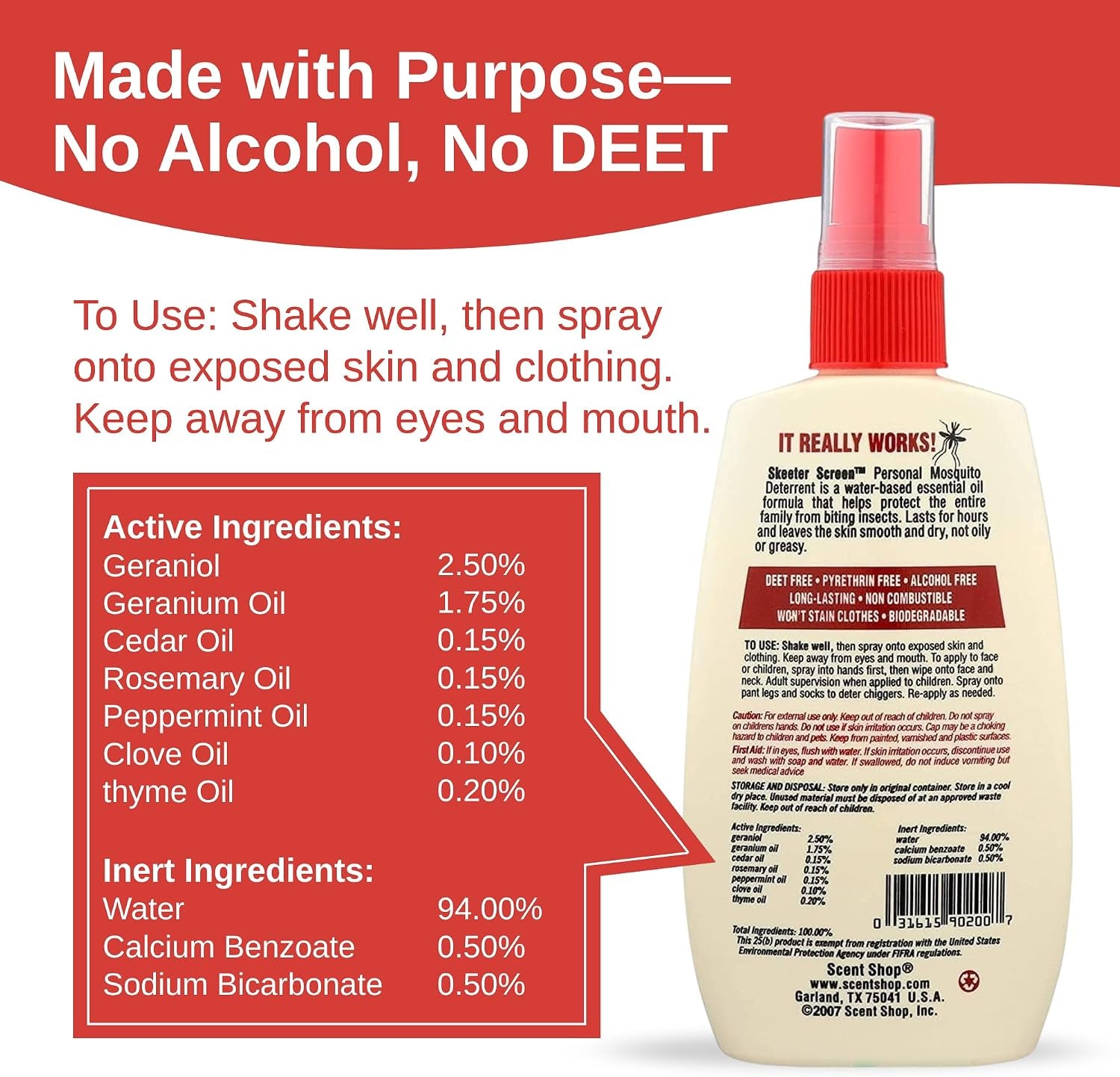 Skeeter Screen Mosquito Deterrent Spray - 4 Fl Oz Pump Bottle | Deet-Free Essential Oil Blend – Safe for Skin & Clothes – Non-Staining, Alcohol-Free – Cedar, Peppermint, Rosemary, Thyme