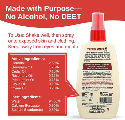 Skeeter Screen Mosquito Deterrent Spray - 4 Fl Oz Pump Bottle | Deet-Free Essential Oil Blend – Safe for Skin & Clothes – Non-Staining, Alcohol-Free – Cedar, Peppermint, Rosemary, Thyme
