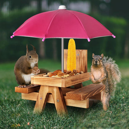 Gnodary Squirrel Feeder with Umbrella, Squirrel Feeders for Outside, Squirrel Picnic Table Feeder - Chipmunk Feeder Hold Corn, Corn Cob, Peanuts (Bright-Red)