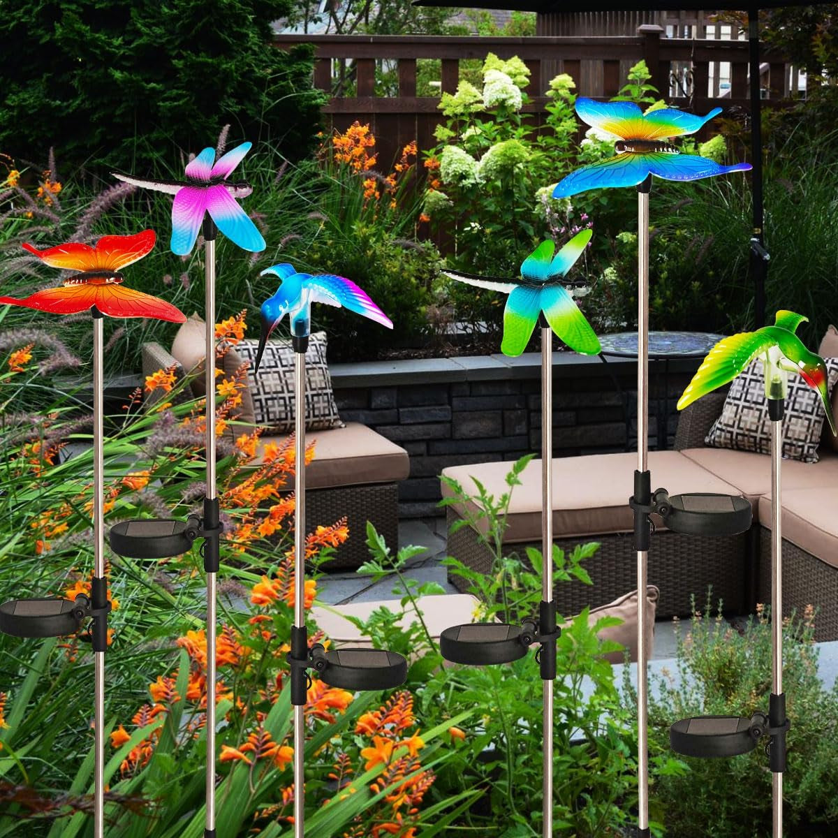6 Pack Solar Garden Stake Lights Outdoor, Yard Figurine Stake Light, Flower Hummingbird Dragonfly Butterfly for Patio Yard Pathway Decoration (Garden)