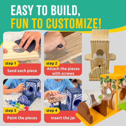 Squirrel Feeder Kit - Sustainable FSC Wood, Easy Mounting and Assembly, Kid-Safe Mason Jar, Perfect for Outdoor Squirrel Watching & Feeding