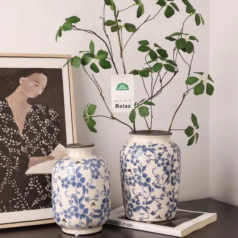 Cleto Handmade Ceramic Blue and White Porcelain Ceramic Table Vase / Ginger Jar
