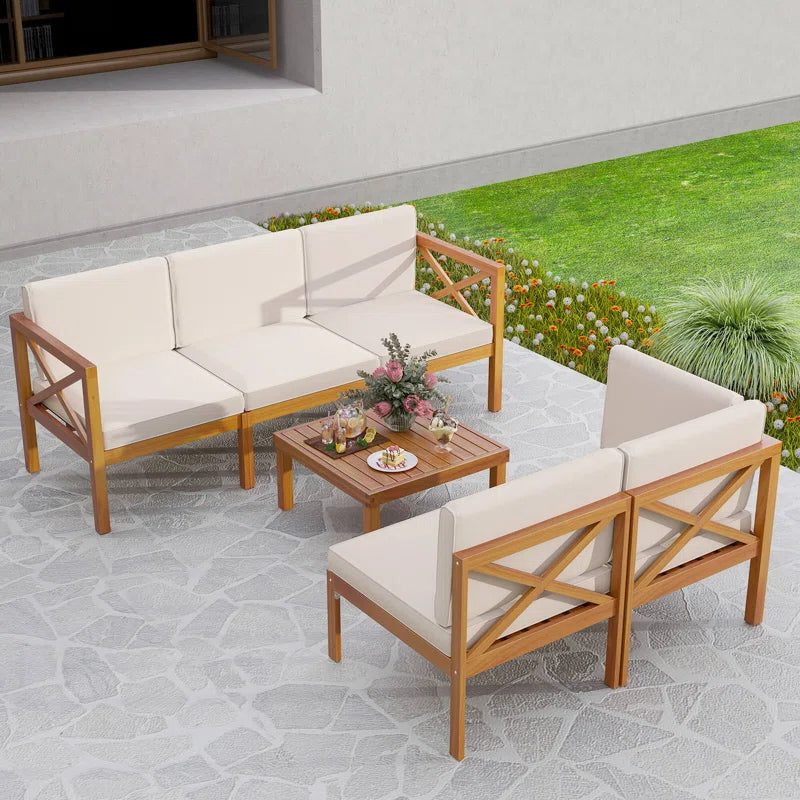 6 Pcs Acacia Wood Patio Furniture Set with Cushions and Coffee Table for Garden