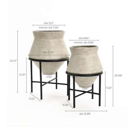 2-Piece Beige Cachepot Planter Cauldron Set with Black Stands