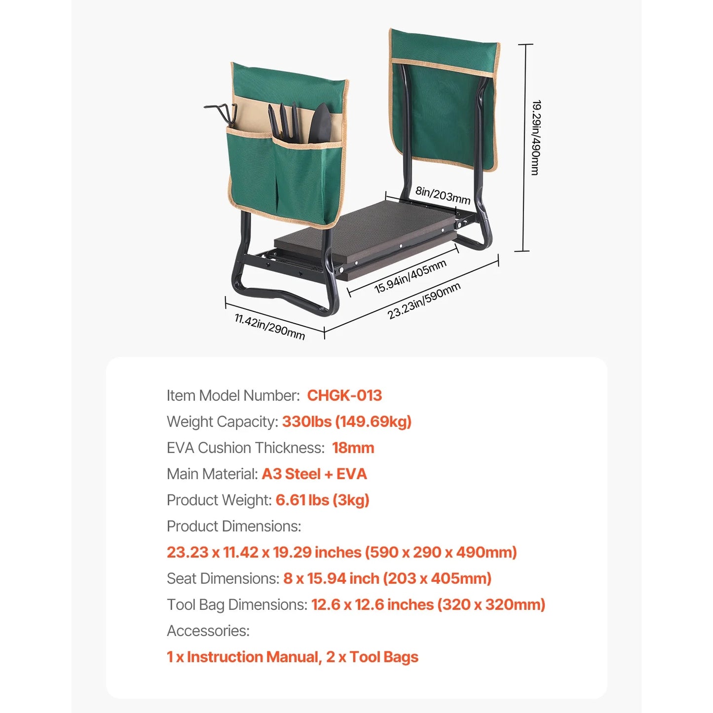 Outdoor Kneeler and Chair, 8-Inch Broad Cushion, Robust Outdoor Kneeling Bench, Collapsible Yard Chair with Dual Equipment Pouches, Alleviate Knee & Spinal Discomfort, Handy Yard Seat