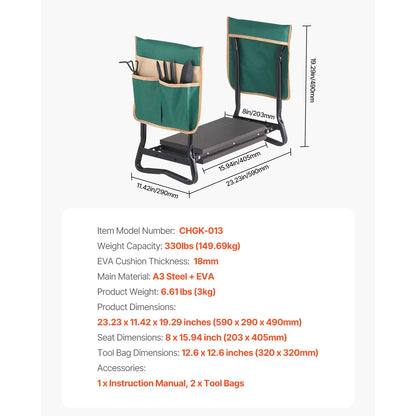 Outdoor Kneeler and Chair, 8-Inch Broad Cushion, Robust Outdoor Kneeling Bench, Collapsible Yard Chair with Dual Equipment Pouches, Alleviate Knee & Spinal Discomfort, Handy Yard Seat