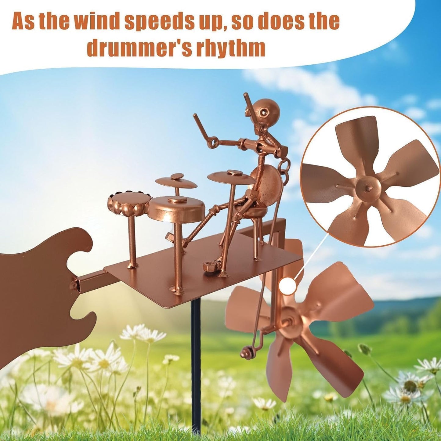 Handmade Metal Drummer Windmill, Percussionist Music Figurine Wind-Powered Kinetic Sculpture for Yard Lawn Garden Decor