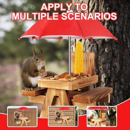 Gnodary Squirrel Feeder with Umbrella, Squirrel Feeders for Outside, Squirrel Picnic Table Feeder - Chipmunk Feeder Hold Corn, Corn Cob, Peanuts (Bright-Red)