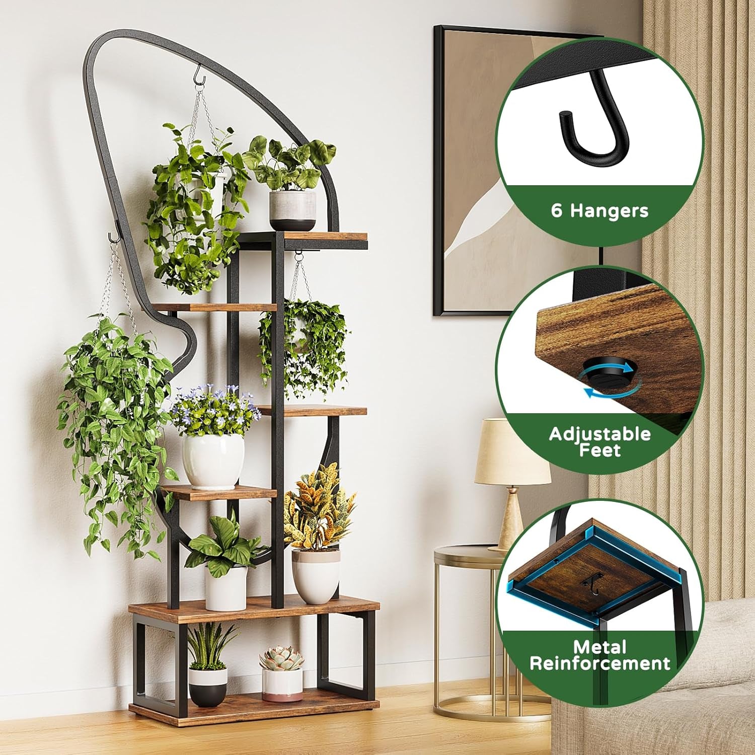 6 Tier Plant Stand Indoor Butterfly-Shaped, Tall Metal Plant Stand with 6 Plant Hooks & 12 Boards, Large Ladder Plant Shelf with Adjustable Feet for Living Room, Balcony, Garden, Art Studio (2 Pack)
