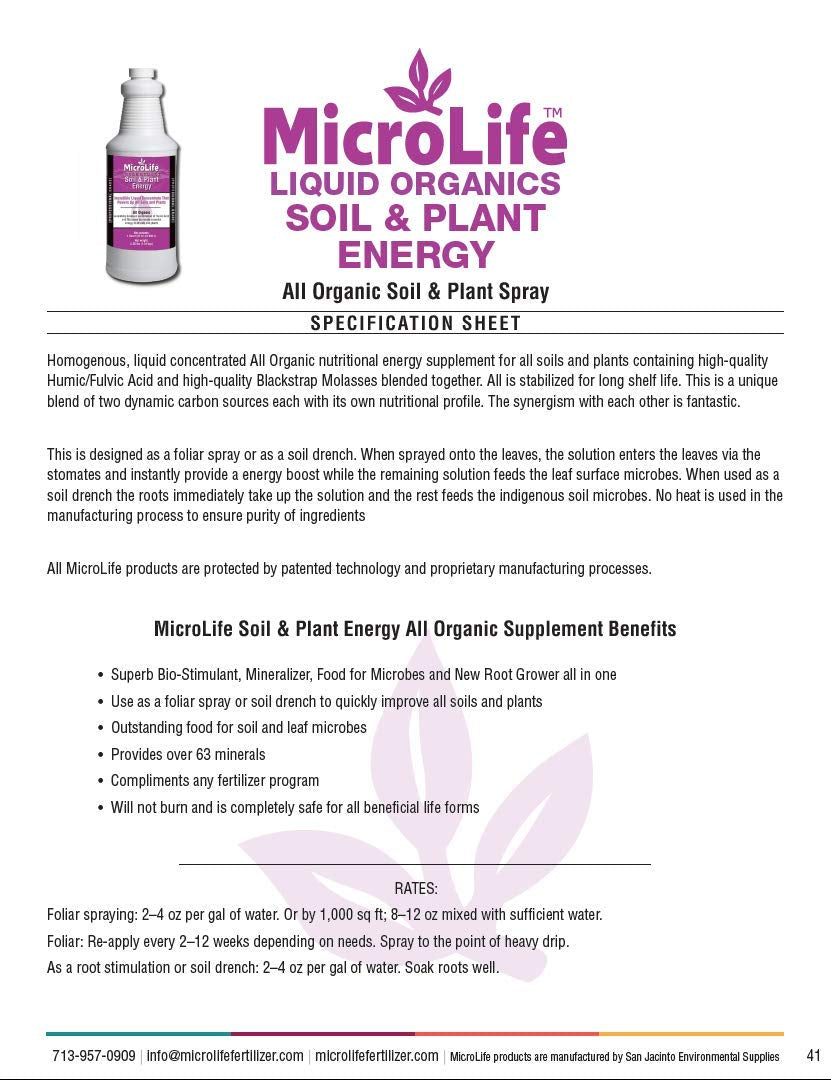 Microlife Soil & Plant Energy Liquid Organic Concentrate Humic/Fulvic Acid & Molasses Foliar Spray or Root Stimulator, 1 QT