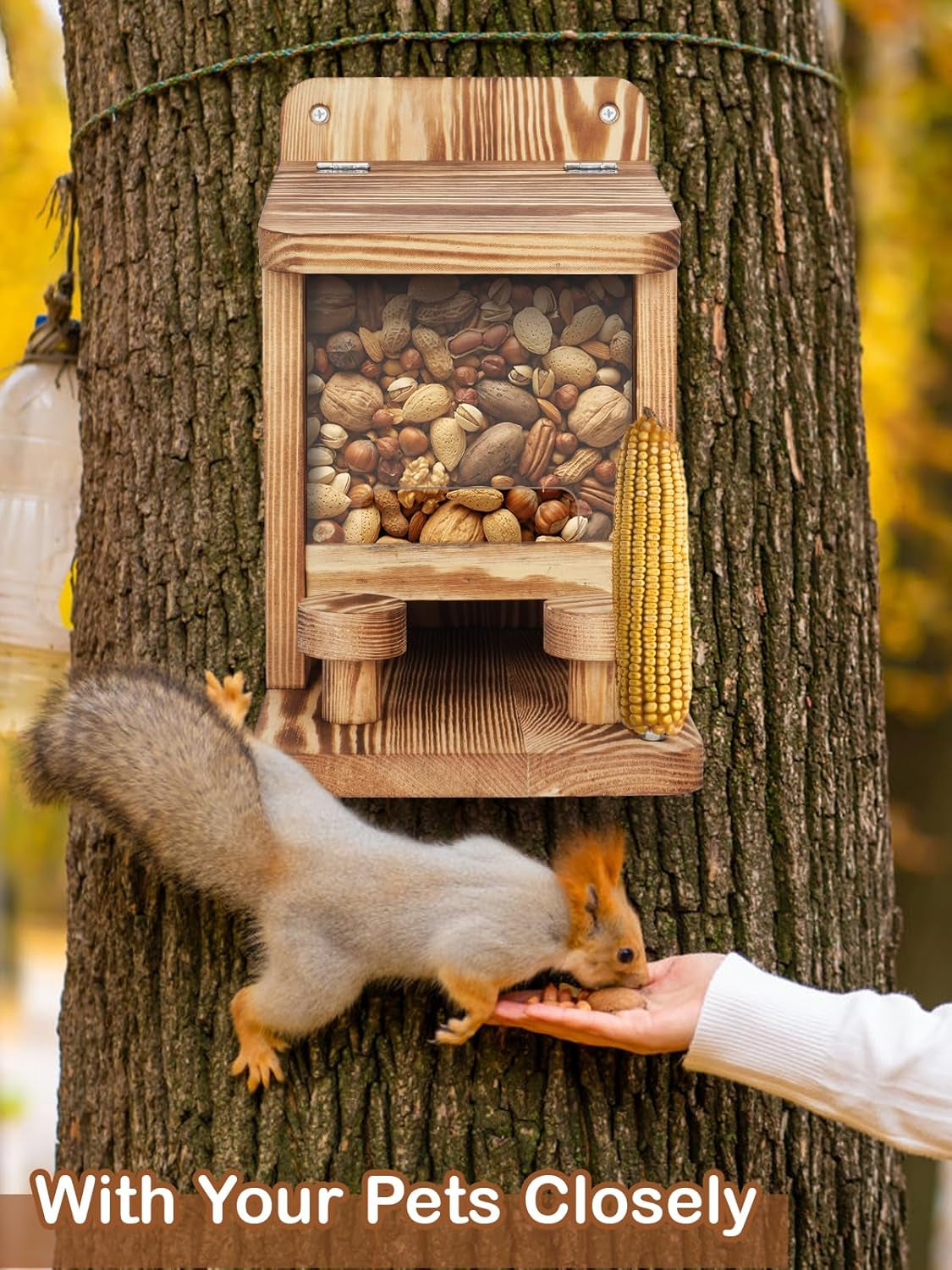 Squirrel Feeder for Outside, Thickened Wooden Squirrel Feeder Platform, Funny Squirrel Houses Picnic Table, Squirrel Feeders for Outdoors Tree Peanuts Nuts Corn Cobs Holder Durable Chipmunk Feeder Box