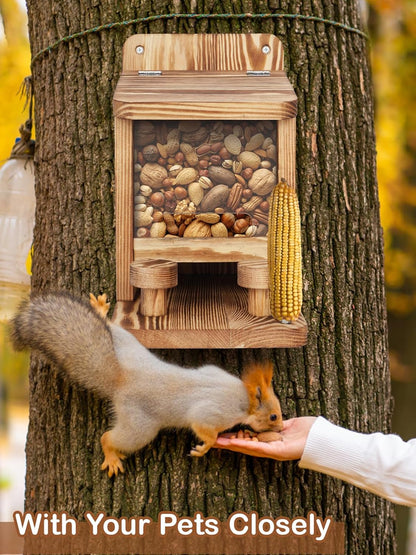 Squirrel Feeder for Outside, Thickened Wooden Squirrel Feeder Platform, Funny Squirrel Houses Picnic Table, Squirrel Feeders for Outdoors Tree Peanuts Nuts Corn Cobs Holder Durable Chipmunk Feeder Box