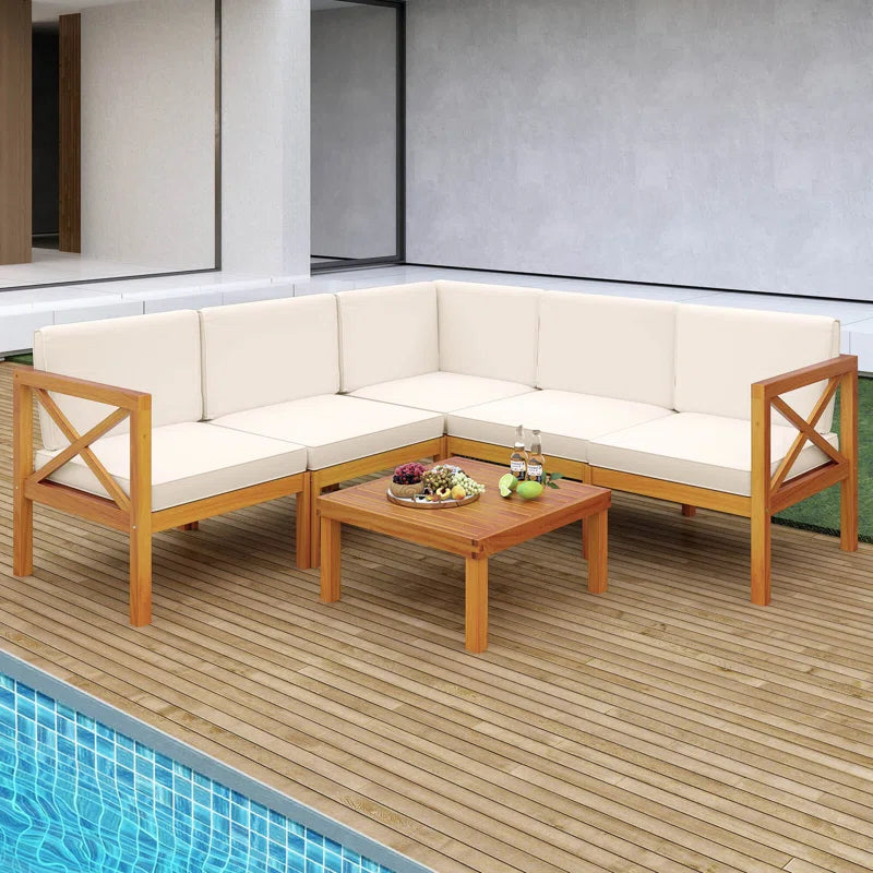 6 Pcs Acacia Wood Patio Furniture Set with Cushions and Coffee Table for Garden