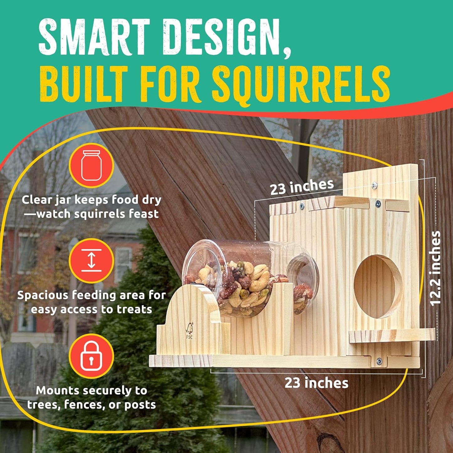 Squirrel Feeder Kit - Sustainable FSC Wood, Easy Mounting and Assembly, Kid-Safe Mason Jar, Perfect for Outdoor Squirrel Watching & Feeding