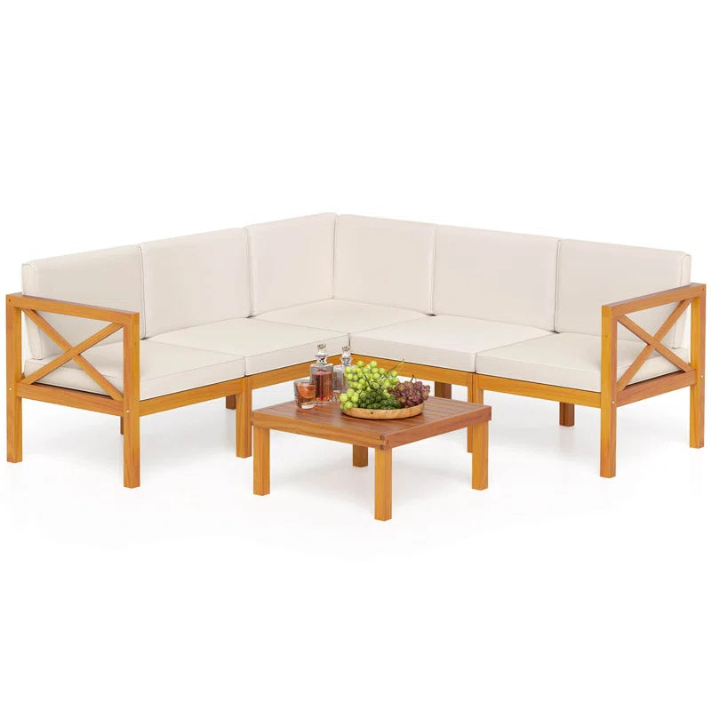 6 Pcs Acacia Wood Patio Furniture Set with Cushions and Coffee Table for Garden