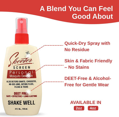 Skeeter Screen Mosquito Deterrent Spray - 4 Fl Oz Pump Bottle | Deet-Free Essential Oil Blend – Safe for Skin & Clothes – Non-Staining, Alcohol-Free – Cedar, Peppermint, Rosemary, Thyme