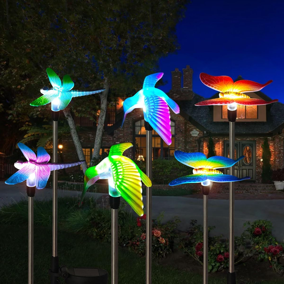 6 Pack Solar Garden Stake Lights Outdoor, Yard Figurine Stake Light, Flower Hummingbird Dragonfly Butterfly for Patio Yard Pathway Decoration (Garden)