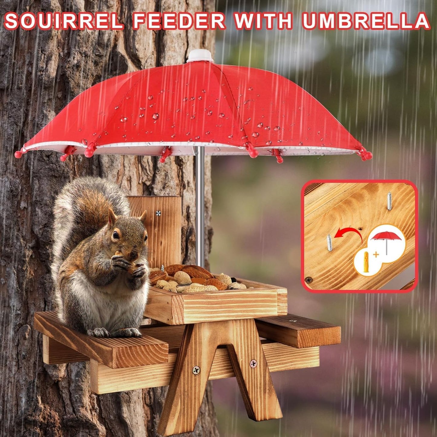 Gnodary Squirrel Feeder with Umbrella, Squirrel Feeders for Outside, Squirrel Picnic Table Feeder - Chipmunk Feeder Hold Corn, Corn Cob, Peanuts (Bright-Red)