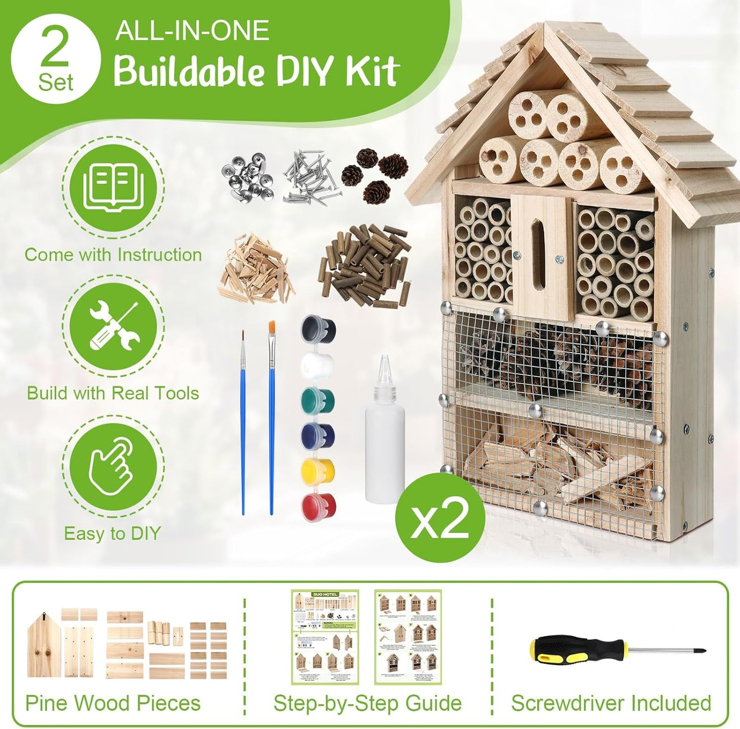 2 Set DIY Wooden Insect Hotel Kit Mason Bee House Bug Hotel Wood Craft for Building Bee, Butterfly Hous DIY Insect Hotels Nesting Habitat Shelters for Beneficial, 13.6 X 10.8 X 2.8 Inch(A)