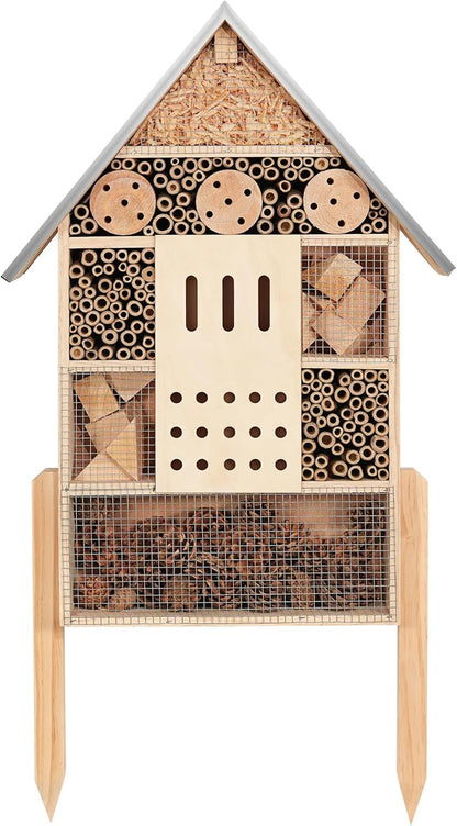 Extra Large Wooden Insect House with Stakes,Wood Mason Bee Butterfly House,Insect Hotel,An Outdoor Bamboo Habitat for Ladybugs Live,Bee Box,Butterfly Habitat for Garden and Yard,30" H X15 W