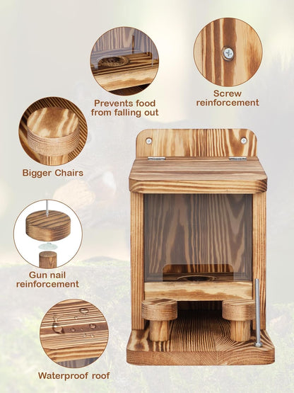 Squirrel Feeder for Outside, Thickened Wooden Squirrel Feeder Platform, Funny Squirrel Houses Picnic Table, Squirrel Feeders for Outdoors Tree Peanuts Nuts Corn Cobs Holder Durable Chipmunk Feeder Box