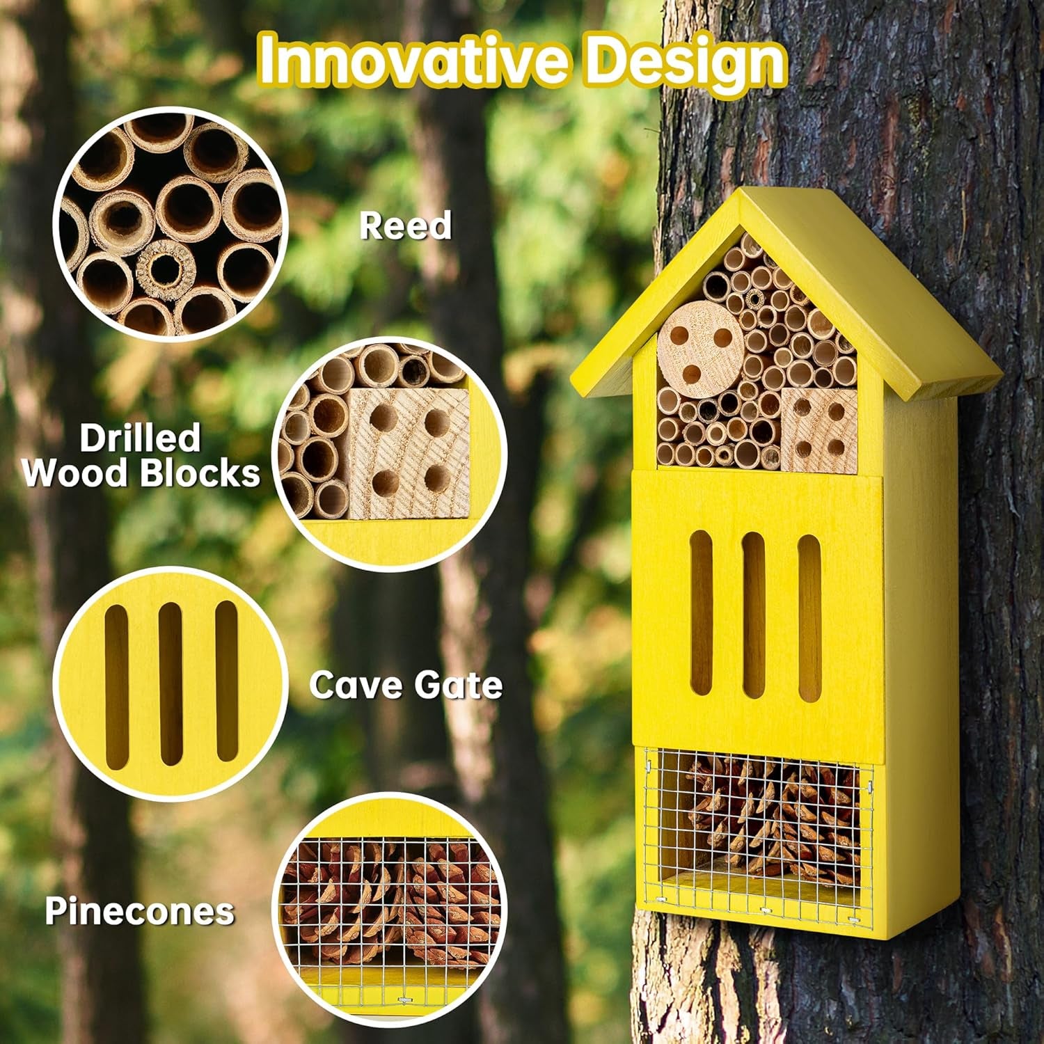 Bee House Bug Hotel & Butterfly House, Handcrafted Wooden Ladybug House, Natural Insect Habitat for Garden, Patio, or Yard, Durable Pine Wood, Attracts Pollinators, 10.4 X 5.5 X 3.2 Inches