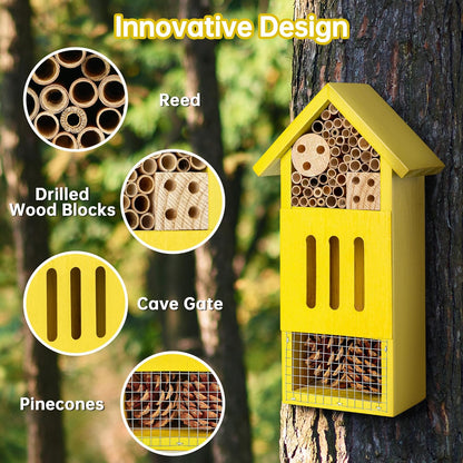 Bee House Bug Hotel & Butterfly House, Handcrafted Wooden Ladybug House, Natural Insect Habitat for Garden, Patio, or Yard, Durable Pine Wood, Attracts Pollinators, 10.4 X 5.5 X 3.2 Inches