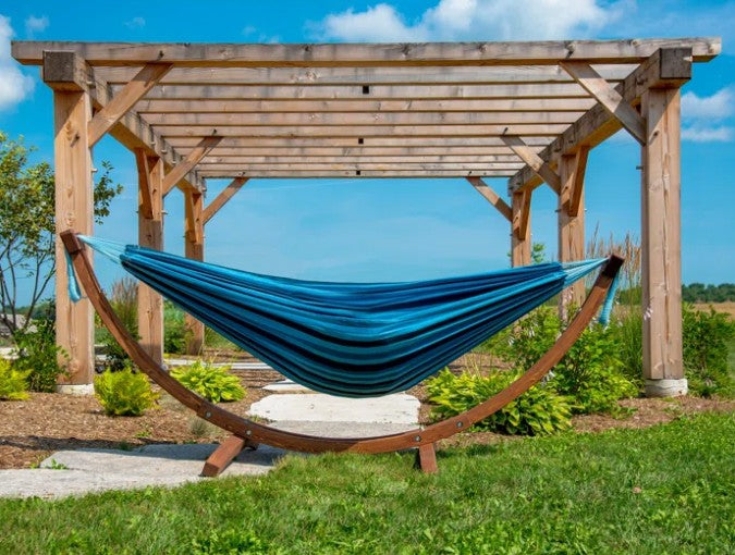 Vivere Holyoke Double Hammock with Solid Pine Arc Stand- Available in Sunbrella or Cotton