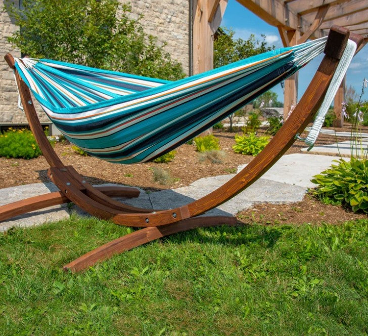 Vivere Holyoke Double Hammock with Solid Pine Arc Stand- Available in Sunbrella or Cotton