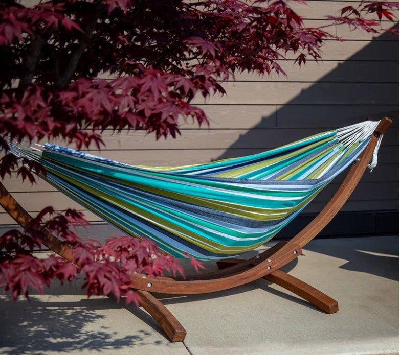Vivere Holyoke Double Hammock with Solid Pine Arc Stand- Available in Sunbrella or Cotton