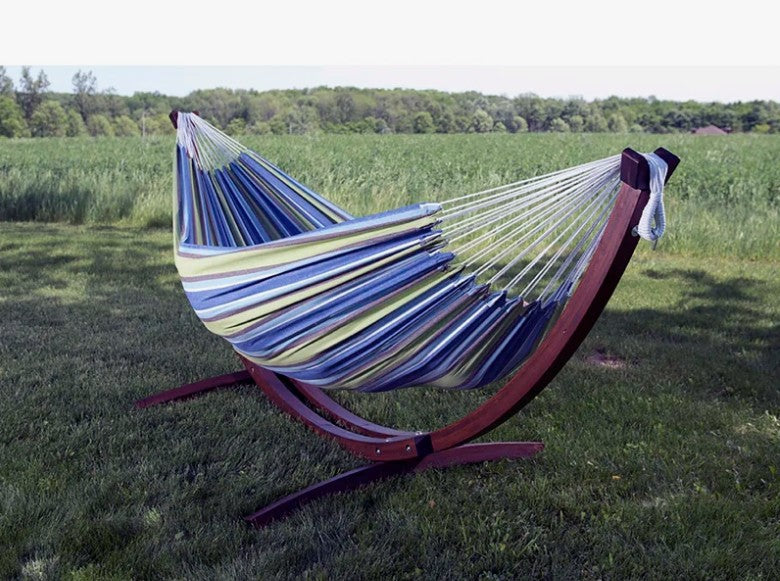 Vivere Holyoke Double Hammock with Solid Pine Arc Stand- Available in Sunbrella or Cotton