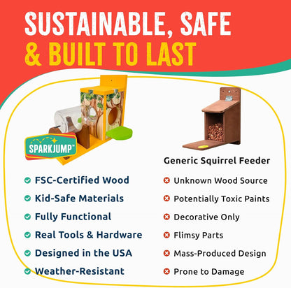 Squirrel Feeder Kit - Sustainable FSC Wood, Easy Mounting and Assembly, Kid-Safe Mason Jar, Perfect for Outdoor Squirrel Watching & Feeding