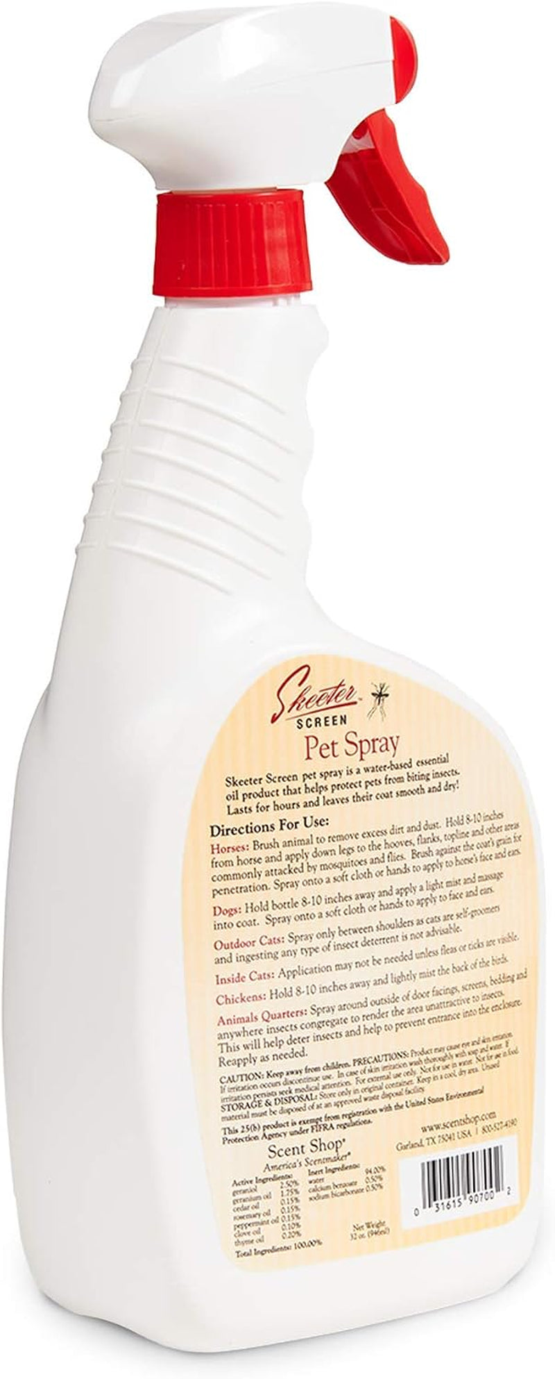 Skeeter Screen Insect Deterrent Spray for Pets & Farm Animals - 32 Fl Oz | Deet Free, Effective, Long Lasting - Deters Gnats, Chiggers, Flies, Fleas & Ticks - Stalls, Bedding, Chicken Coops