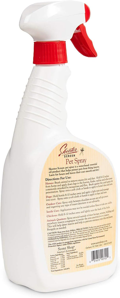 Skeeter Screen Insect Deterrent Spray for Pets & Farm Animals - 32 Fl Oz | Deet Free, Effective, Long Lasting - Deters Gnats, Chiggers, Flies, Fleas & Ticks - Stalls, Bedding, Chicken Coops