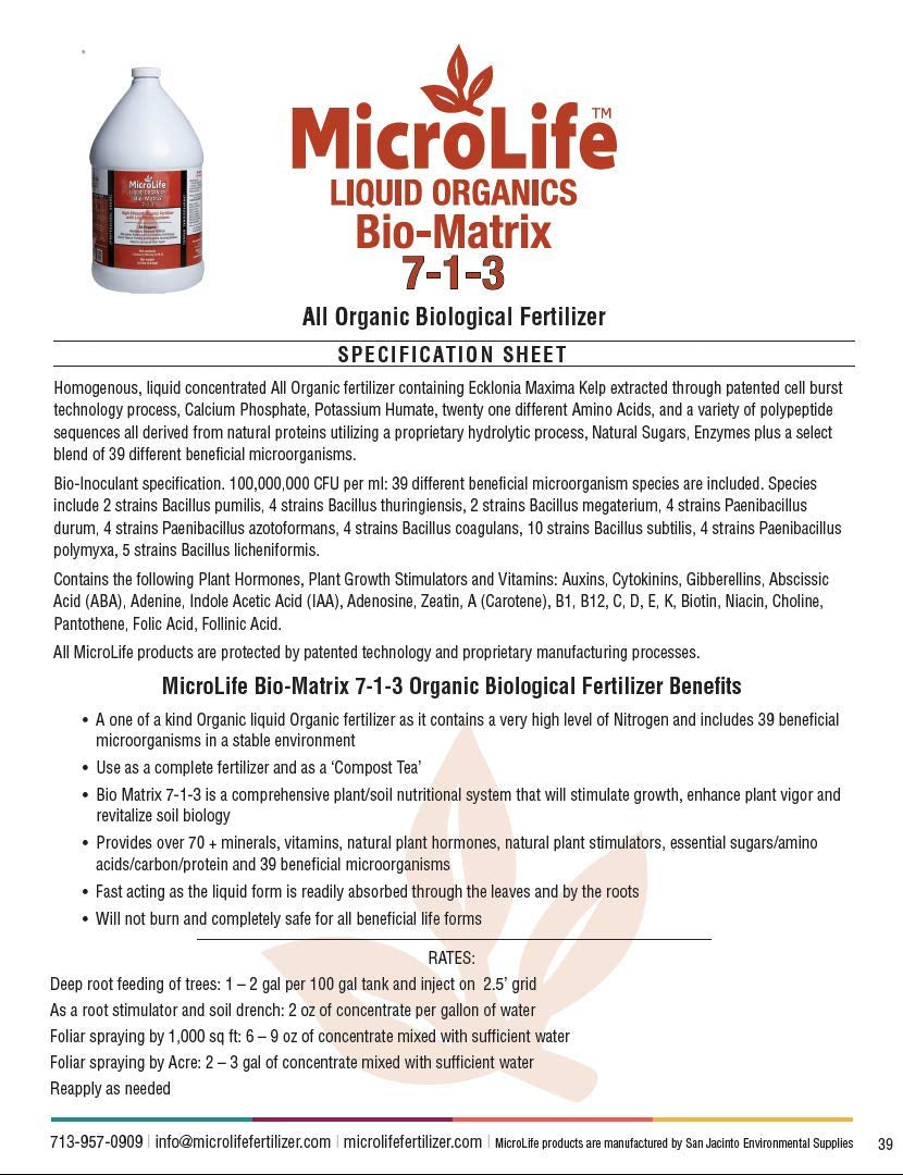 Microlife Bio-Matrix (7-1-3) Professional Grade Liquid Organic Biological Fertilizer, 1 Gallon