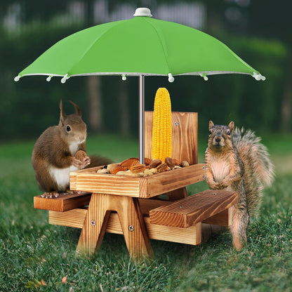 Gnodary Squirrel Feeder with Umbrella, Squirrel Feeders for Outside, Squirrel Picnic Table Feeder - Chipmunk Feeder Hold Corn, Corn Cob, Peanuts (Bright-Red)