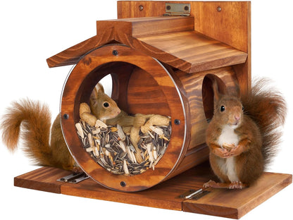 Wood Squirrel Feeder, Squirrel Feeders for outside Winter, Wooden Chipmunk Feeder for Corn, Peanuts, Durable Box Easy to Fill with the Roof Can Be Opened