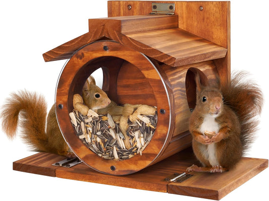 Wood Squirrel Feeder, Squirrel Feeders for outside Winter, Wooden Chipmunk Feeder for Corn, Peanuts, Durable Box Easy to Fill with the Roof Can Be Opened