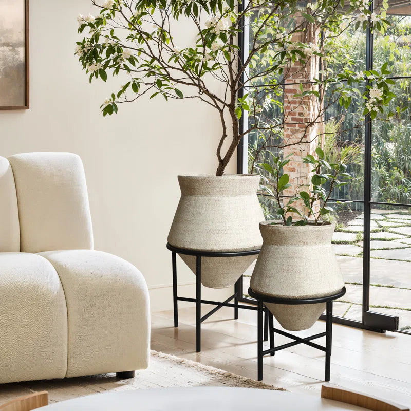 2-Piece Beige Cachepot Planter Cauldron Set with Black Stands