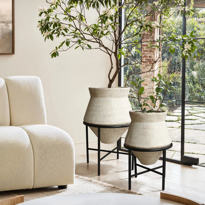 2-Piece Beige Cachepot Planter Cauldron Set with Black Stands