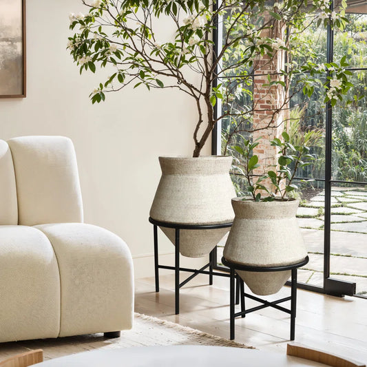 2-Piece Beige Cachepot Planter Cauldron Set with Black Stands