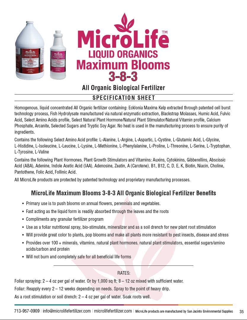 Microlife Maximum Blooms (3-8-3) Professional Grade Organic Liquid Fertilizer Concentrate for All Flowers and Anything That Blooms, 1 Quart