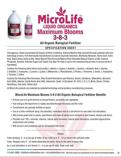 Microlife Maximum Blooms (3-8-3) Professional Grade Organic Liquid Fertilizer Concentrate for All Flowers and Anything That Blooms, 1 Quart