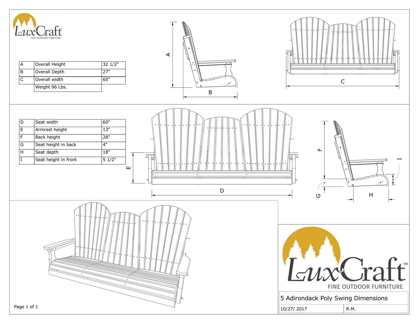 Adirondack 5' Porch Swing with Flip down Center Console