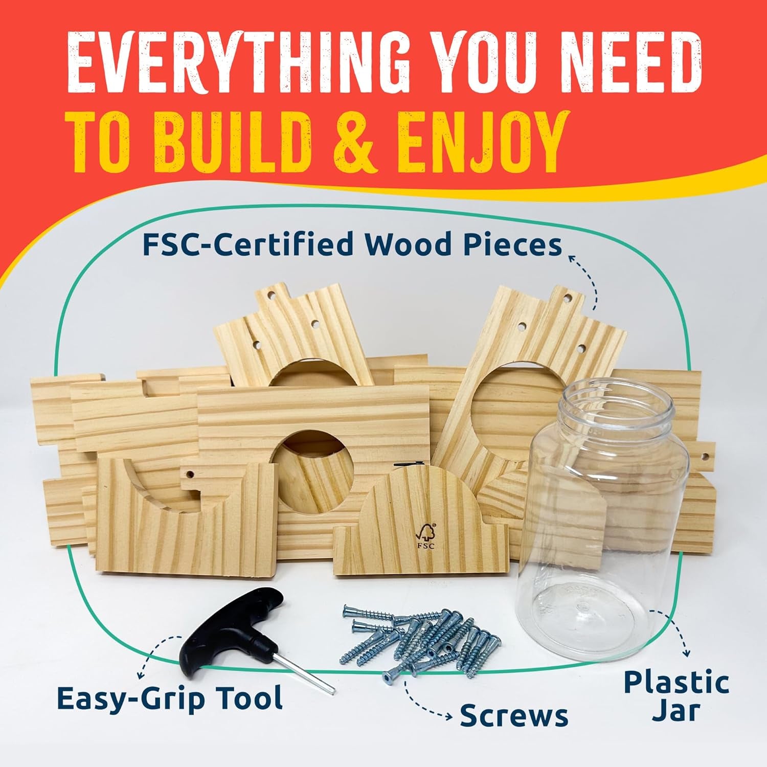 Squirrel Feeder Kit - Sustainable FSC Wood, Easy Mounting and Assembly, Kid-Safe Mason Jar, Perfect for Outdoor Squirrel Watching & Feeding